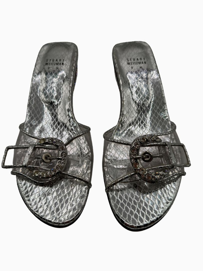 Stuart Weitzman Silver Metallic Crystal Buckle Slide Sandals Block Heel Size 9M