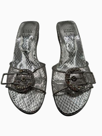 Stuart Weitzman Silver Metallic Crystal Buckle Slide Sandals Block Heel Size 9M