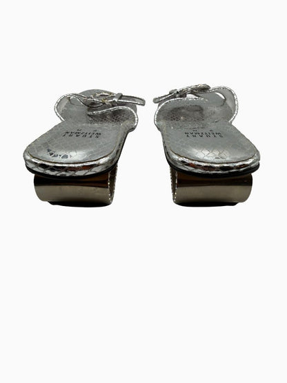 Stuart Weitzman Silver Metallic Crystal Buckle Slide Sandals Block Heel Size 9M