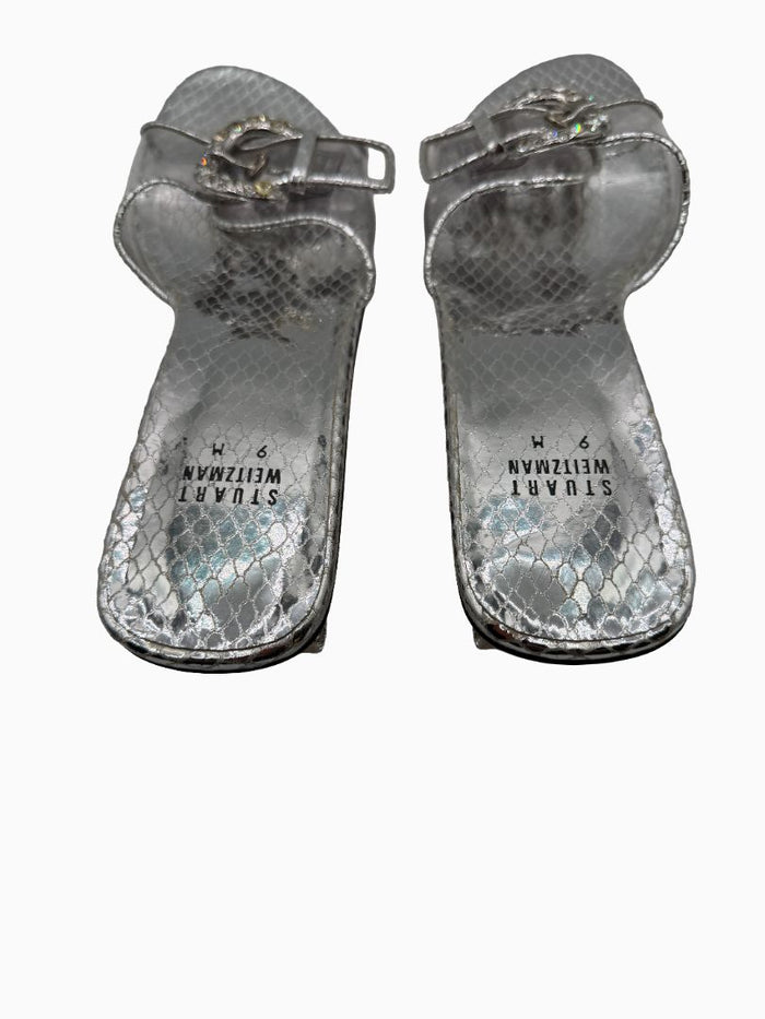 Stuart Weitzman Silver Metallic Crystal Buckle Slide Sandals Block Heel Size 9M