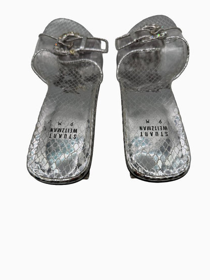 Stuart Weitzman Silver Metallic Crystal Buckle Slide Sandals Block Heel Size 9M