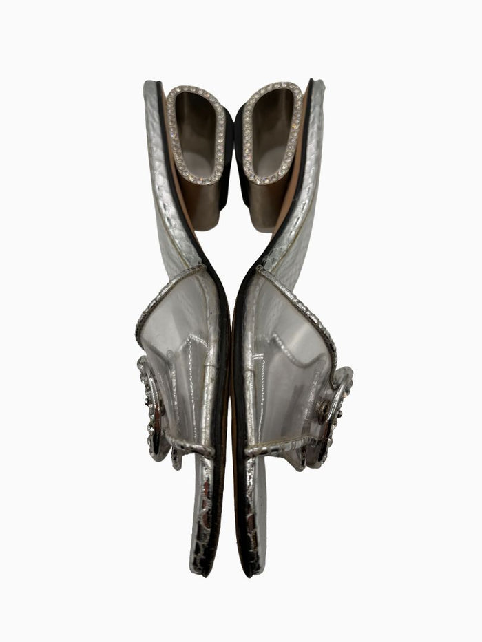 Stuart Weitzman Silver Metallic Crystal Buckle Slide Sandals Block Heel Size 9M