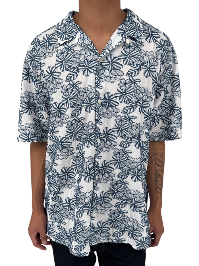 Ted Baker London Floral Camp Collar Shirt XXL Size 7 White Navy Cotton