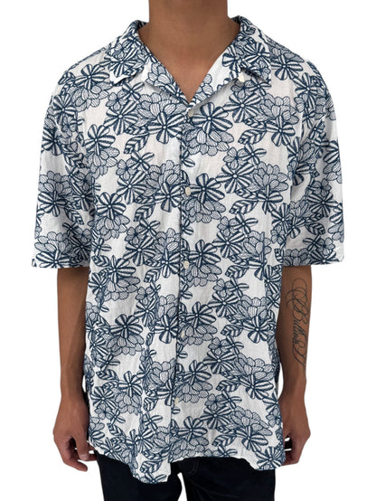 Ted Baker London Floral Camp Collar Shirt XXL Size 7 White Navy Cotton