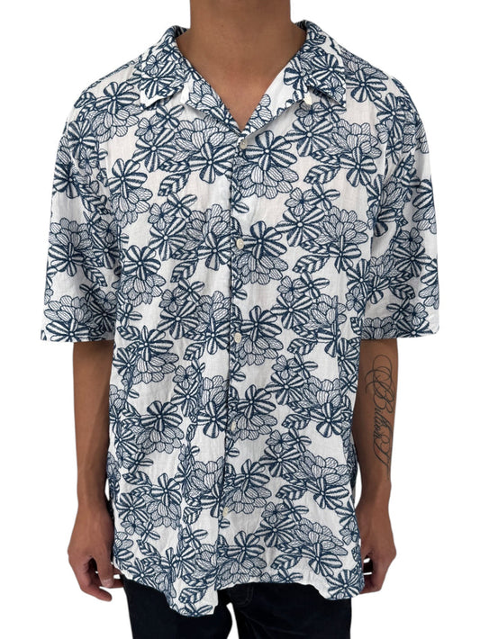 Ted Baker London Floral Camp Collar Shirt XXL Size 7 White Navy Cotton