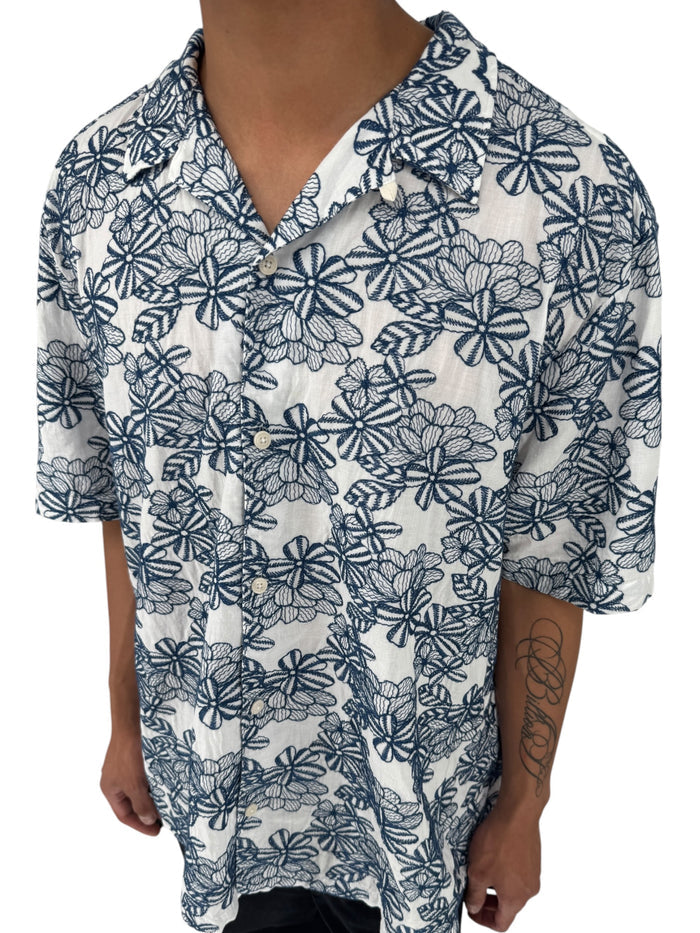 Ted Baker London Floral Camp Collar Shirt XXL Size 7 White Navy Cotton