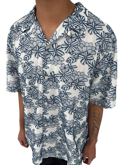 Ted Baker London Floral Camp Collar Shirt XXL Size 7 White Navy Cotton