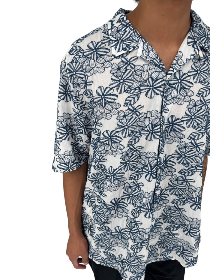 Ted Baker London Floral Camp Collar Shirt XXL Size 7 White Navy Cotton