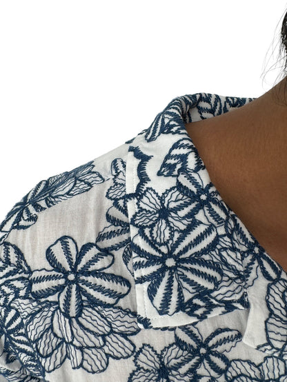 Ted Baker London Floral Camp Collar Shirt XXL Size 7 White Navy Cotton