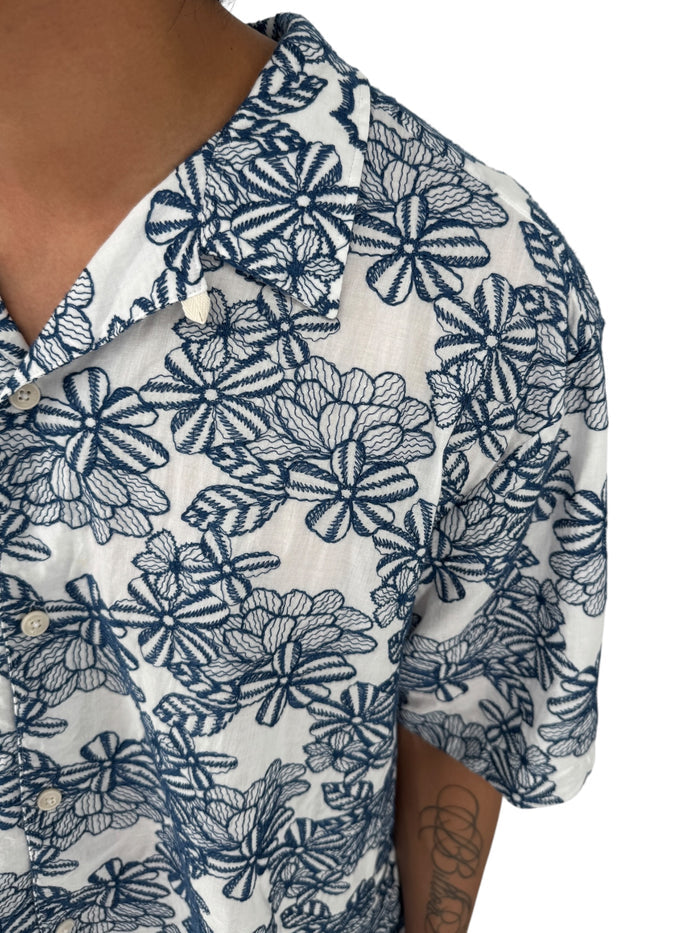 Ted Baker London Floral Camp Collar Shirt XXL Size 7 White Navy Cotton