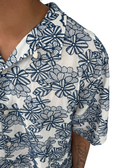 Ted Baker London Floral Camp Collar Shirt XXL Size 7 White Navy Cotton
