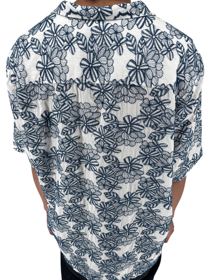 Ted Baker London Floral Camp Collar Shirt XXL Size 7 White Navy Cotton