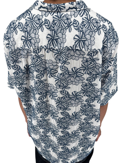 Ted Baker London Floral Camp Collar Shirt XXL Size 7 White Navy Cotton
