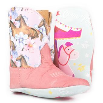 Tin Haul Infant Pink with Printed Horses Top Baby Cowgirl Boots 0104-Painted Cowgirl Western Store