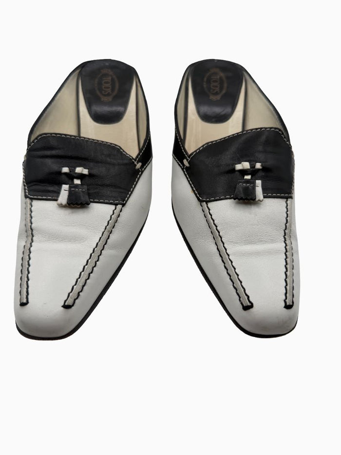Tod's Black White Leather Tassel Mule Pumps Square Toe Heels EU 36.5 Italy
