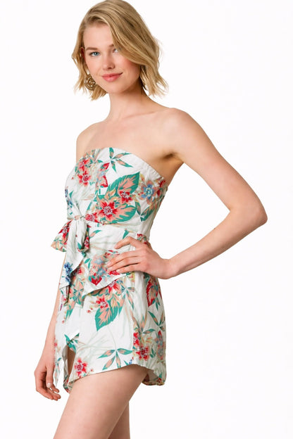 Ariah White Tropical Print Strapless Romper