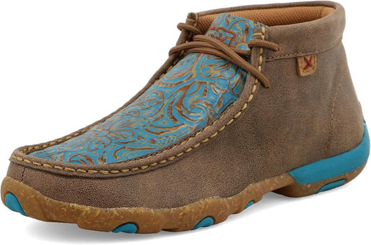 Twisted X Women's Bomber Leather & Turquoise Tooled Chukka Driving Moc Casual Shoes WDM0148