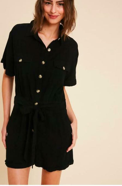 Liz Black Short Sleeve Button-Front Utility Romper