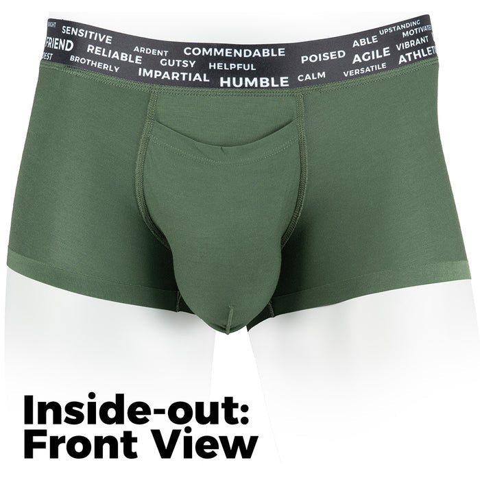 Green boxer briefs with a text-wrapped waistband on a white background