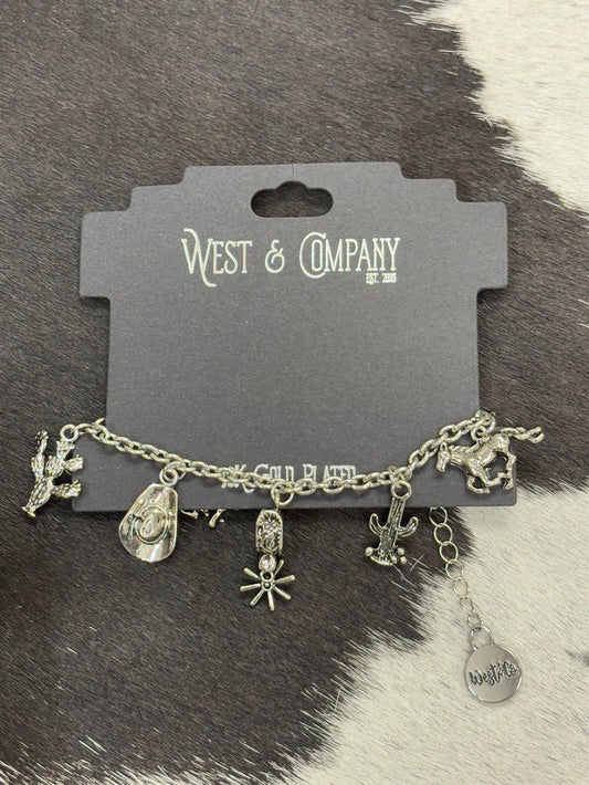 West & Co 18K White Gold Plated Burnished Western Charm Bracelet WC-BR07WG