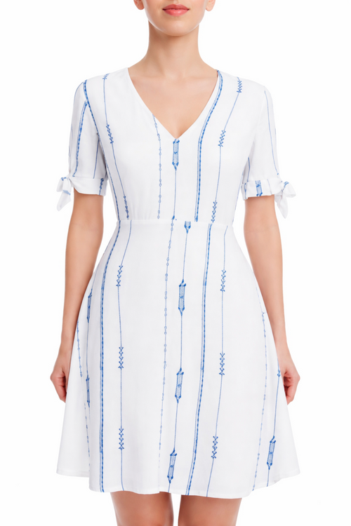 Lush Capri White and Blue Print Tie-Sleeve Mini Dress