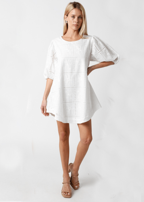 Kelly White Eyelet Puff Sleeve Shift Dress
