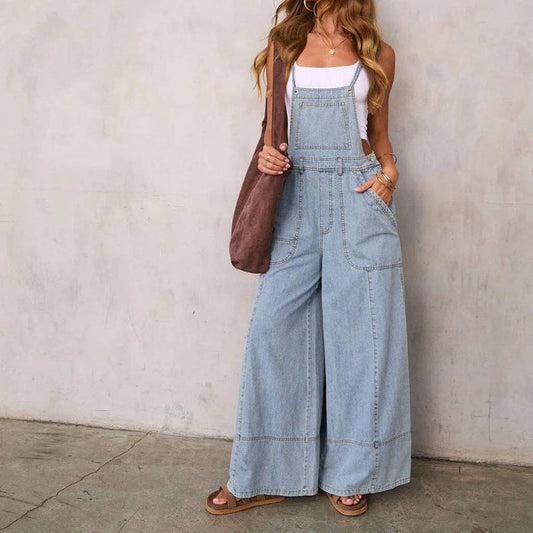 Women Blue Wide Leg Pocket Denim Overalls Jumpsuit