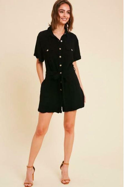 Liz Black Short Sleeve Button-Front Utility Romper