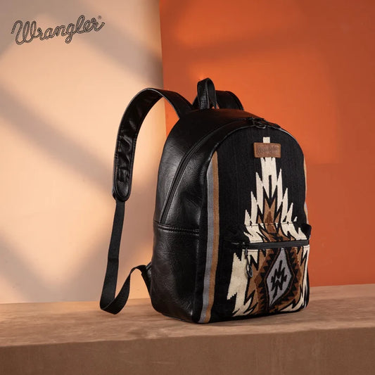 Wrangler Black Southwestern Aztec Knitted Accent Faux Leather Backpack WG174-9115BLK