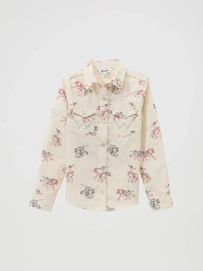 Wrangler Girl's Off White Cowboy Horse Print Pearl Snap Long Sleeve Western Shirt 112371871