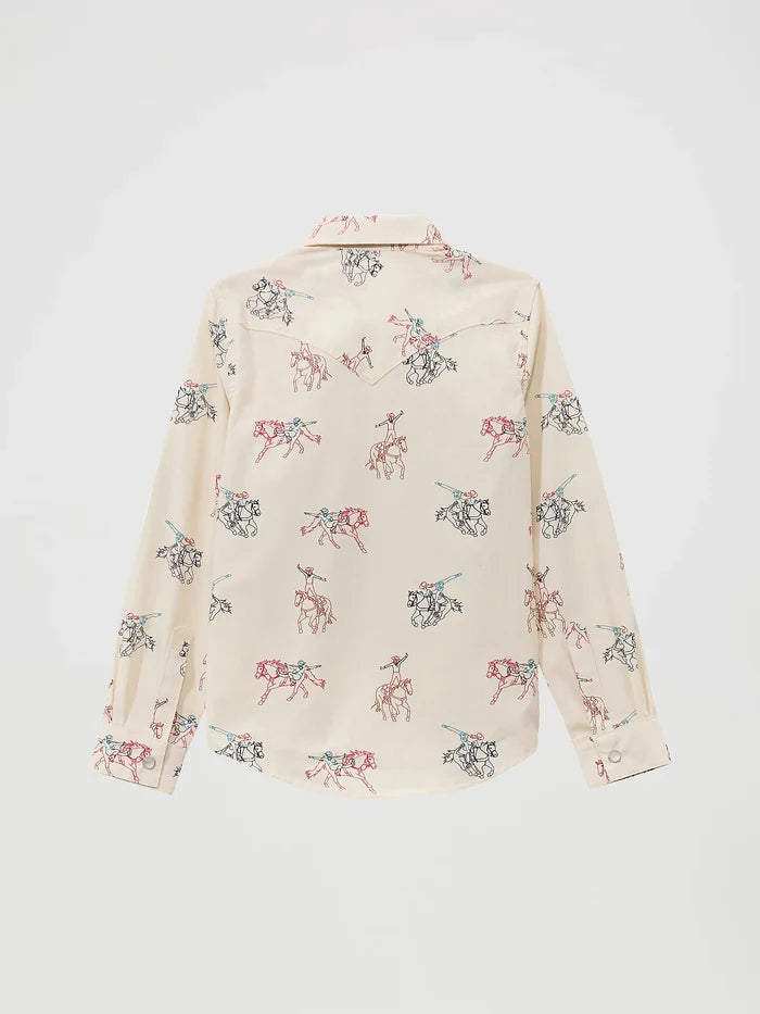 Wrangler Girl's Off White Cowboy Horse Print Pearl Snap Long Sleeve Western Shirt 112371871