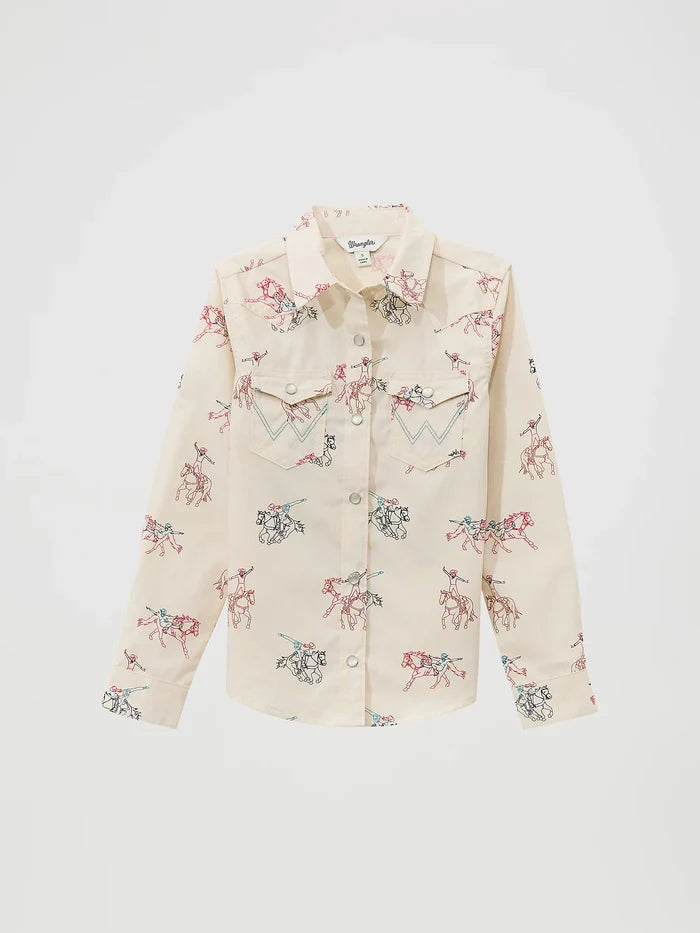 Wrangler Girl's Off White Cowboy Horse Print Pearl Snap Long Sleeve Western Shirt 112371871
