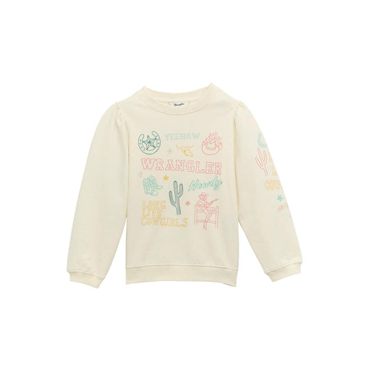 Wrangler Girl's Off White Western Graphic Print Puff Sleeve Pullover Sweatshirt 112375248