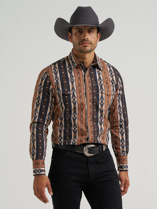 Wrangler Men's Brown Aztec Stripe Checotah Print Pearl Snap Long Sleeve Western Shirt 112381991