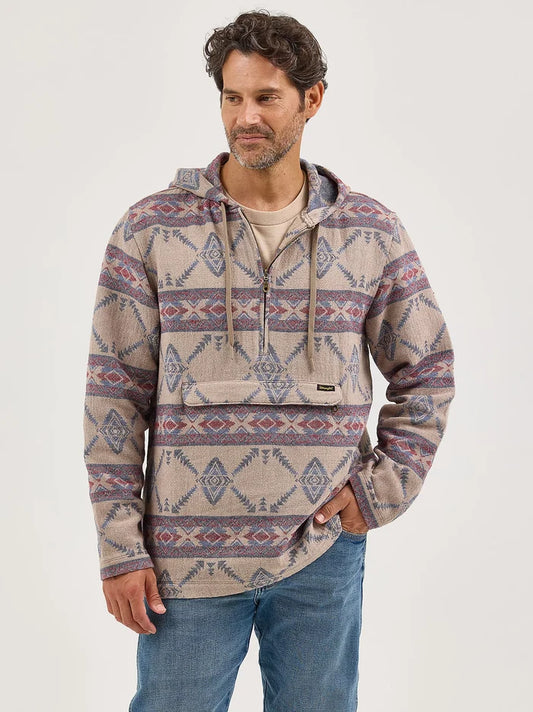 Wrangler Men's Desert Taupe Aztec Jacquard 1/4 Zip Hooded Popover Jacket 112368214