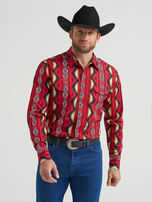 Wrangler Men's Firey Red Checotah Print Pearl Snap Long Sleeve Western Shirt 112369430
