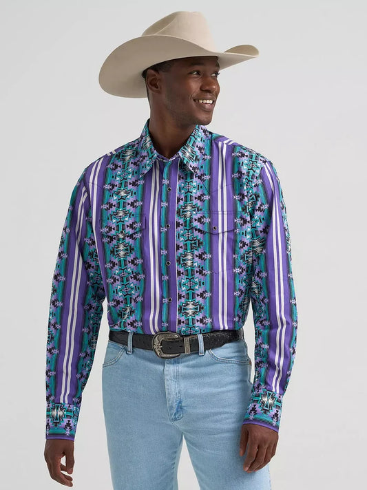 Wrangler Men's Violet Serape Stripe Checotah Print Pearl Snap Long Sleeve Western Shirt 112374916
