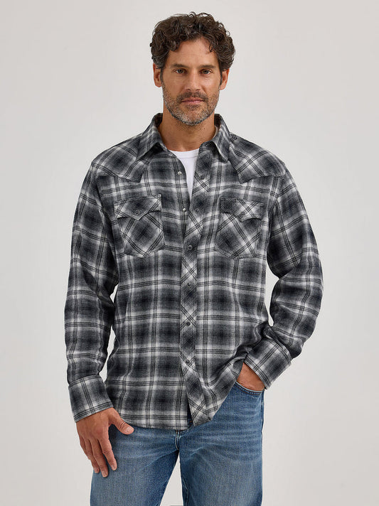 Wrangler Retro Men's Charcoal Grey Plaid Pearl Snap Long Sleeve Flannel Shirt 112368071