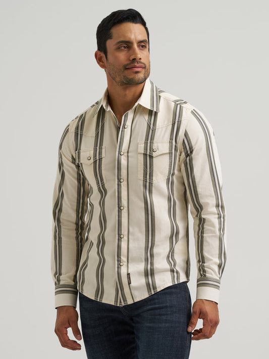 Wrangler Retro Premium Men's Tan Stripe Modern Fit Pearl Snap Long Sleeve Western Shirt 112381538