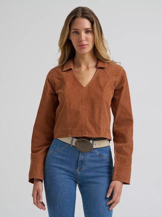 Wrangler Retro Women's Brown Corduroy Long Sleeve Cropped Shirt 112382677