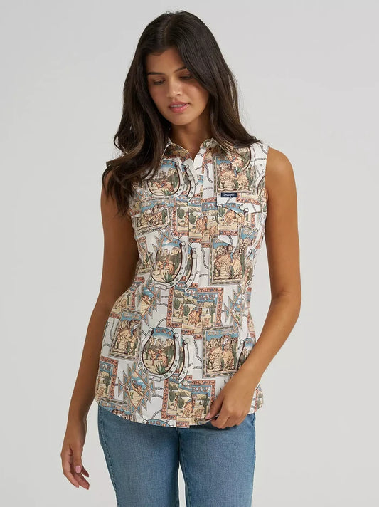 Wrangler Retro Women's Cream Desert Bold Print Pearl Snap Sleeveless Western Shirt 112379518