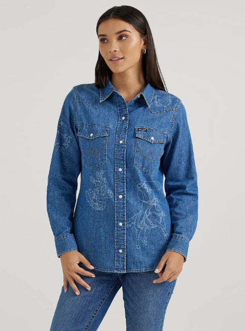 Wrangler Retro Women's Denim Lasered Cowboy Icons Snap Long Sleeve Western Shirt 112356655