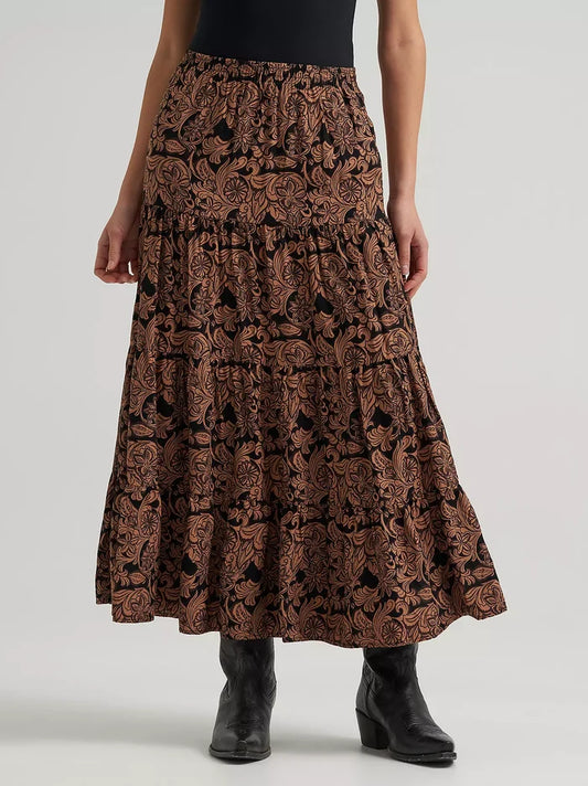 Wrangler Woman's Black & Brown Western Floral Tiered Maxi Skirt 112382513