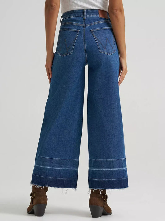 Wrangler Women's Bespoke Leanna Medium Wash High Rise Wide Leg Raw Hem Crop Jeans 112382335