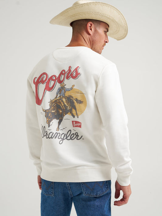 Wrangler x Coors2.0 Unisex White Bull Rider Graphic Print Logo Pullover Sweatshirt 112383041
