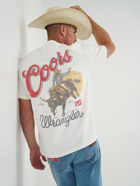 Wrangler x Coors2.0 Unisex White Vintage Bull Rider Graphic Print Logo Short Sleeve Tee 112383048